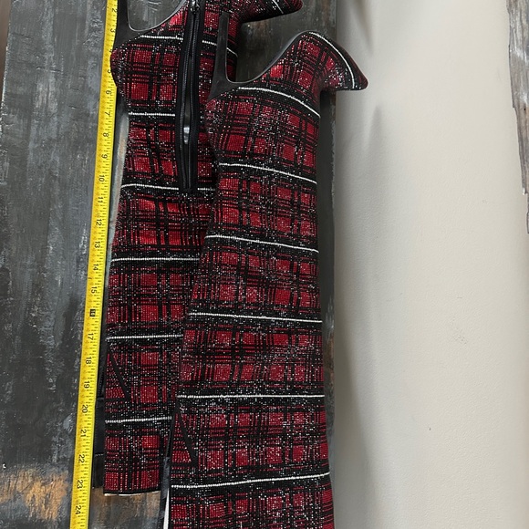 Plaid Knee-High Stiletto Boots - Red and Black Beaded - Picture 2 of 8